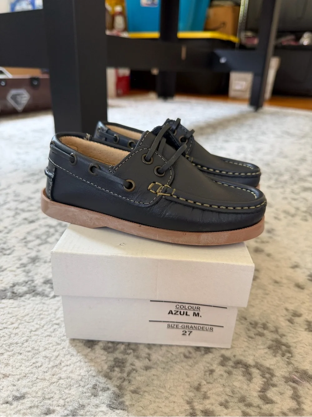 Kids Navy Leather Boat Shoes with Tan Sole